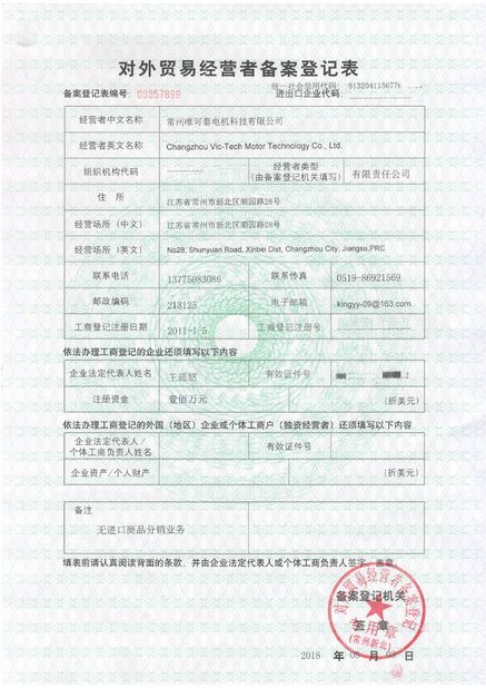 China Changzhou Vic-Tech Motor Technology Co., Ltd. zertifizierungen
